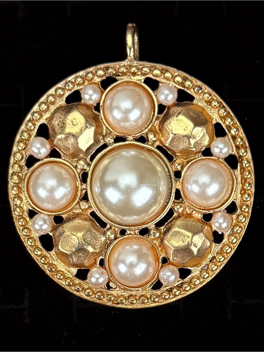Vintage Aged Goldtone and Faux Pearl Pendant with free cord Necklace